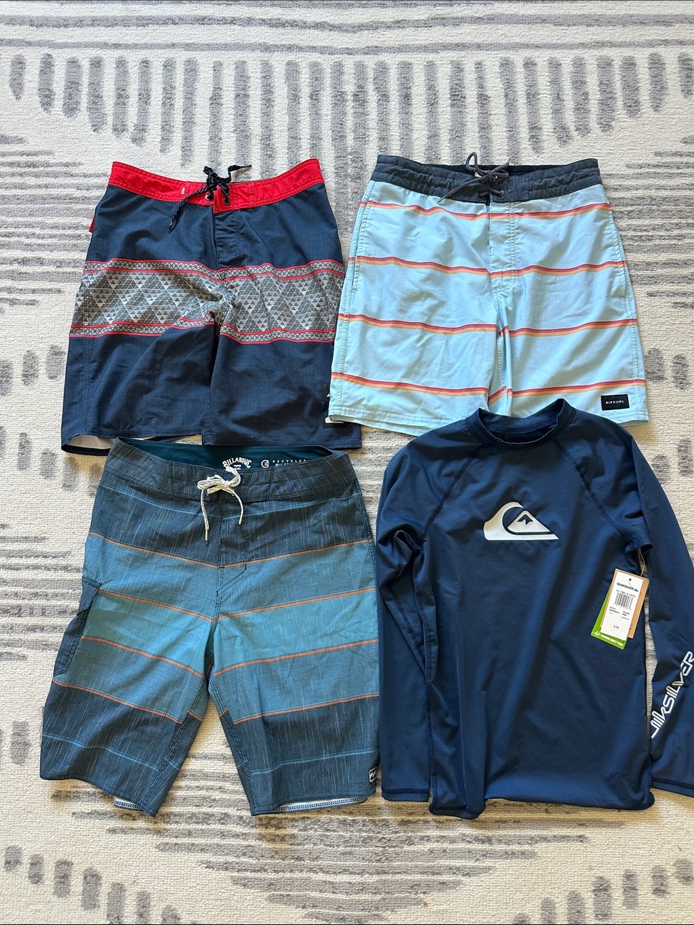 NWT Quiksilver Rash Guard + 3 Boy’s Size 28  Boardshorts